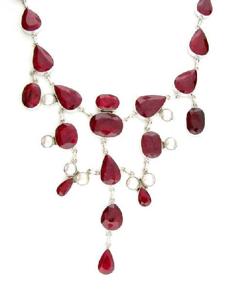 APP: 21k 282CT Ruby & Button Pearls Silver Necklace: 282.55CT Ruby and Button Pearls Sterling Silver Necklace - Appraisal Value: $20.9K