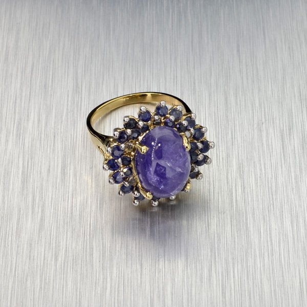 APP: 10k 14kt Gold, Cabochon Tanzanite & Diamond Ring: 14 kt. Gold, 9.06CT Cabochon Cut Tanzanite and Diamond Ring