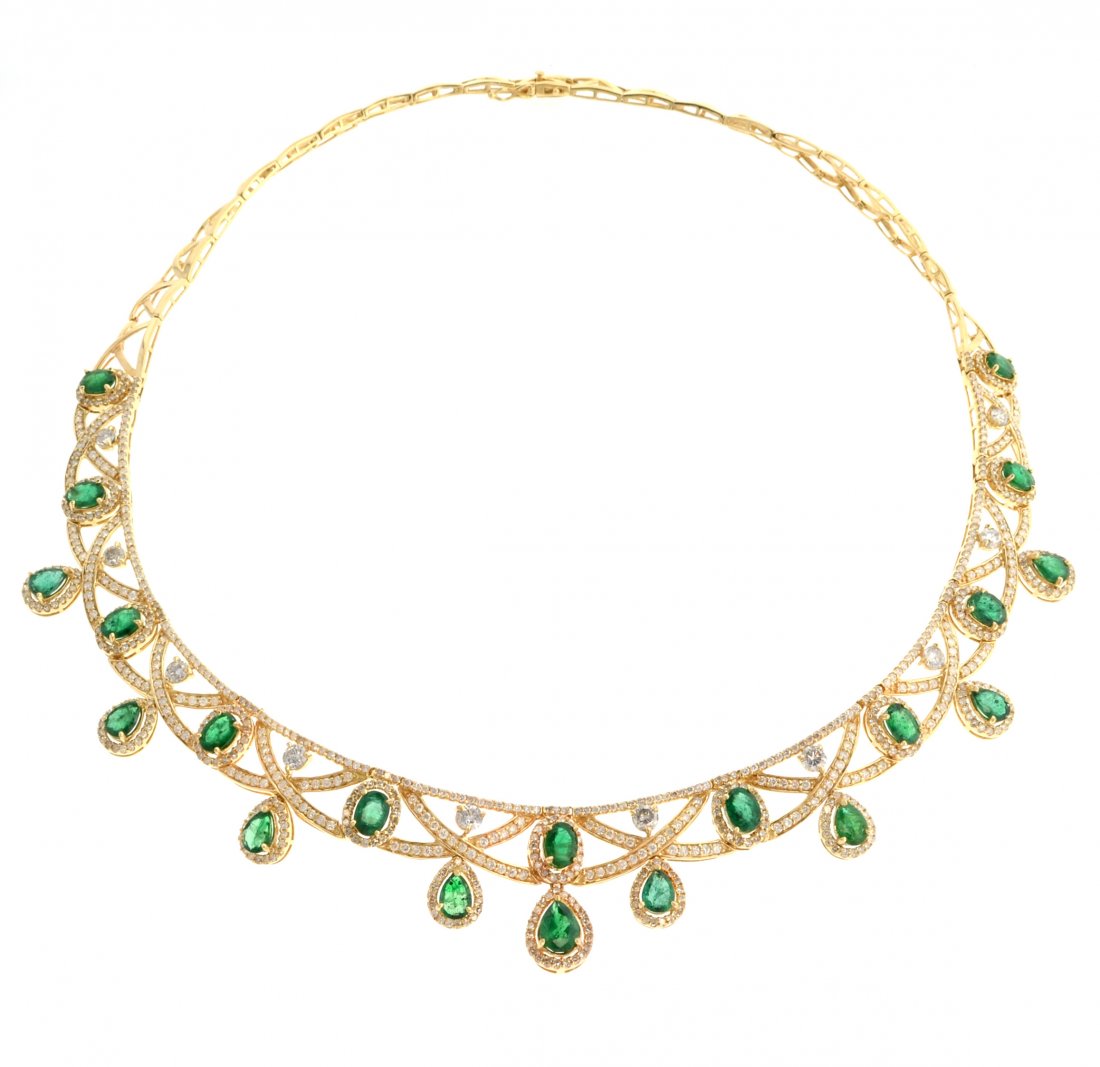 APP: 59k *14kt Gold, 14CT Pear Emerald/Diamond Necklace: *14 kt. Gold, 14.97CT Pear Mixed Cut Emerald