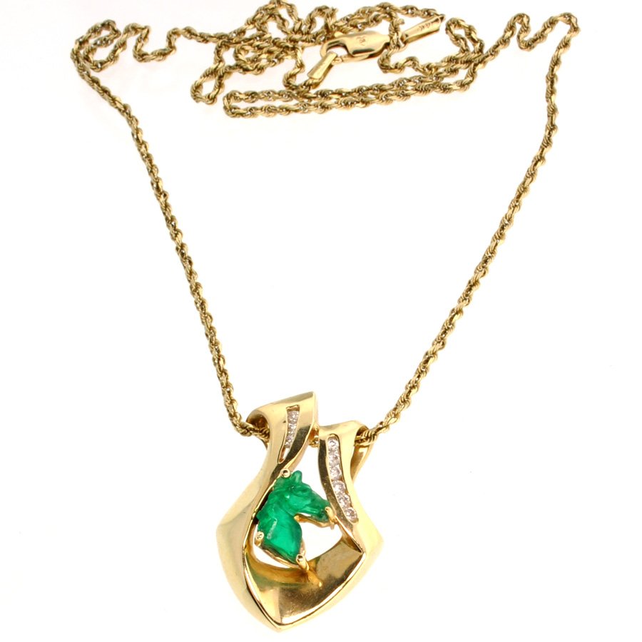 *14 kt. Gold, Horse Head - Diamond & Emerald Necklace: *14 kt. Gold, Horse Head - Diamond and Emerald Necklace Item Pro