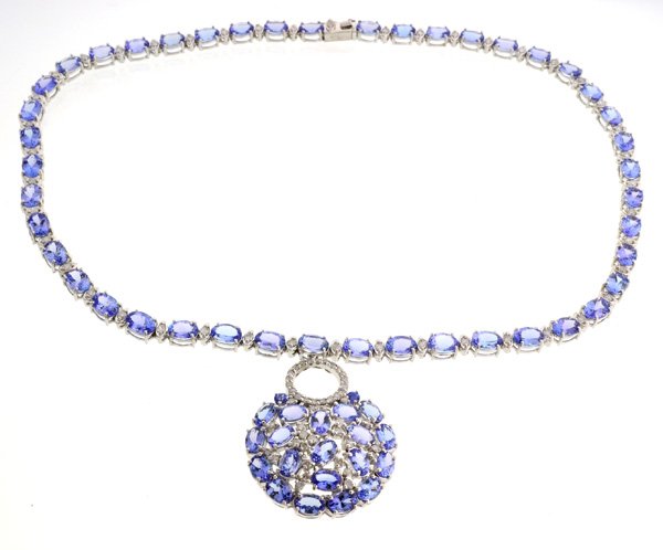 APP: 69k *14 kCT Mixed Cut Tanzanite & Diamond Necklace: *14 k. White Gold 44.28CT Mixed Cut Tanzanite and