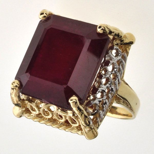 APP: 17.6k 14 kt Gold 22.29CT Emerald Cut Ruby Ring: 14 kt Gold 22.29CT Emerald Cut Ruby RingRetail Replacement Value: