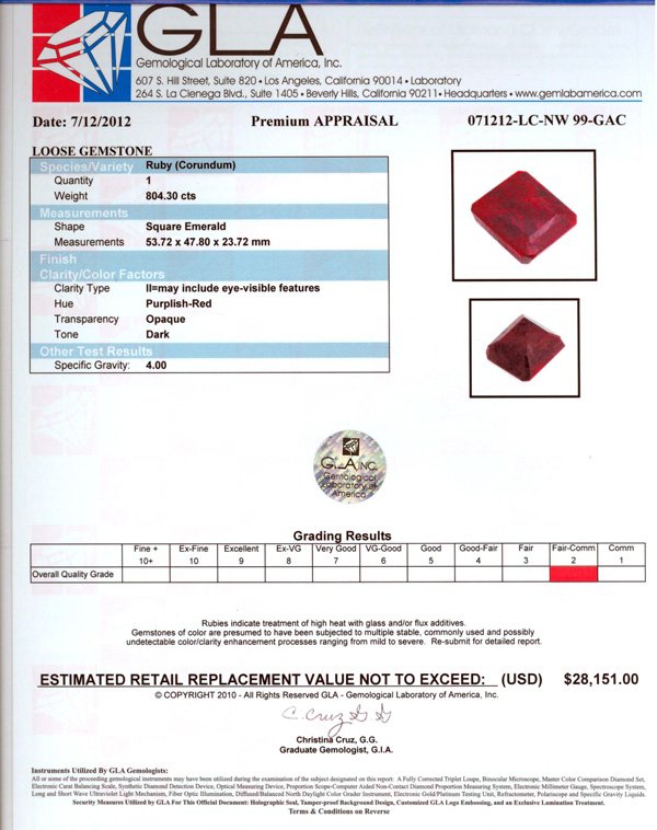 APP: 28.2k 804.30CT Square Emerald Cut Ruby Gemstone - 3