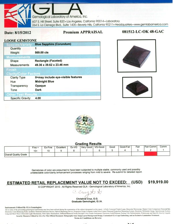 APP: 19k 569.00CT Rectangle Cut Blue Sapphire Gemstone - 3