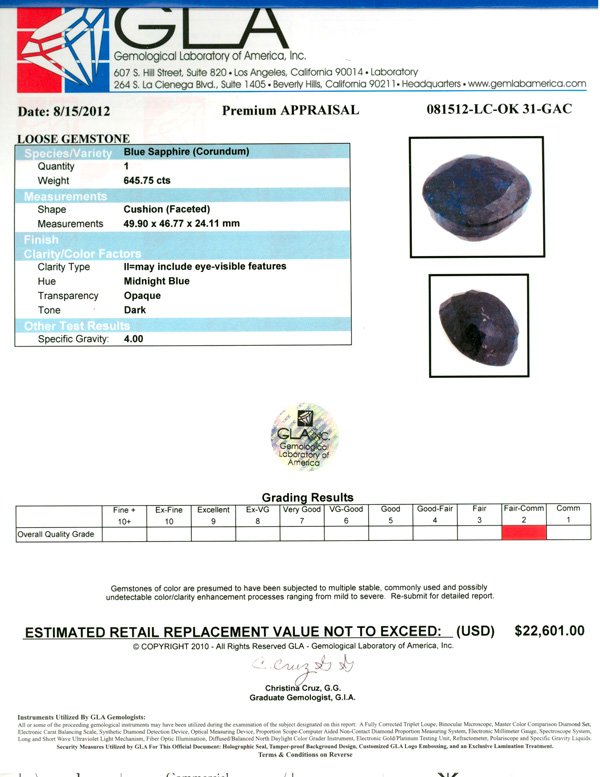 APP: 22.6k 645.75CT Cushion Cut Blue Sapphire Gemstone - 3