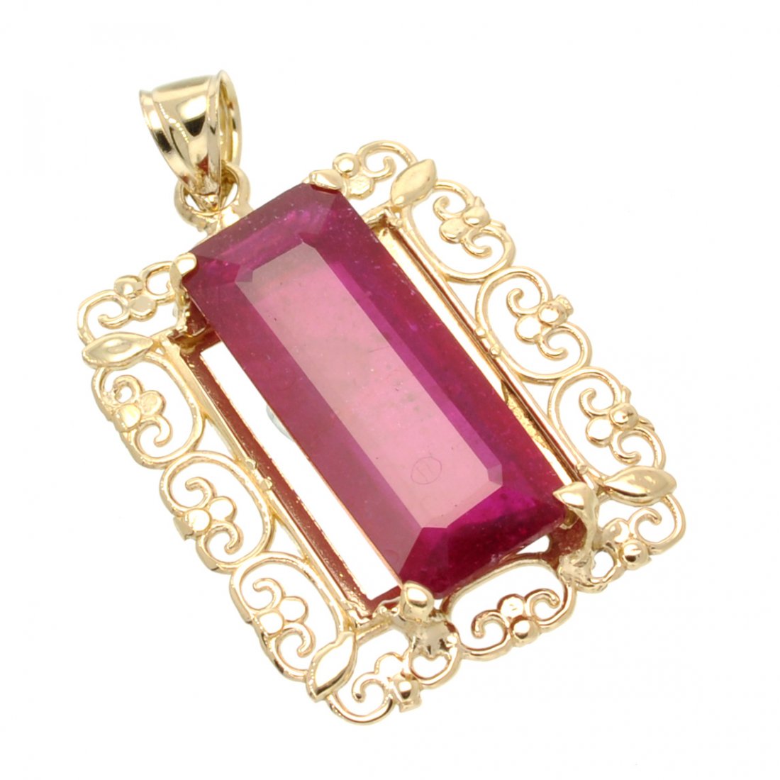 APP: 15.2k 14kt Gold, 22.38CT Emerald Cut Ruby Pendant: 14 kt. Gold, 22.38CT Emerald Cut Ruby PendantRetail Replacement Va
