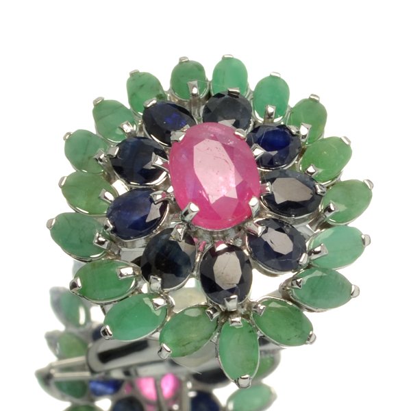 APP: 4k 13CT Ruby & Semi-Precious Gemstone Silver Ring: 13.13CT Oval Cut Ruby and Multi