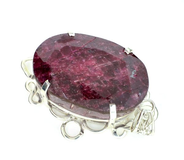 APP: 17k Sebastian 401CT Oval Cut Ruby & Silver Pendant: Designer Sebastian 401.51CT Oval Cut Ruby and