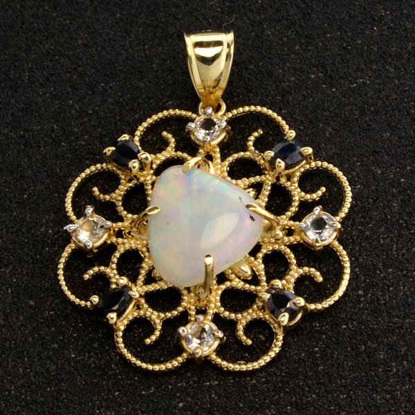 APP: 3k 14kt Yellow & White Gold Opal/Sapphire Pendant: 14 kt. Yellow and White Gold, 3.06CT Crysta