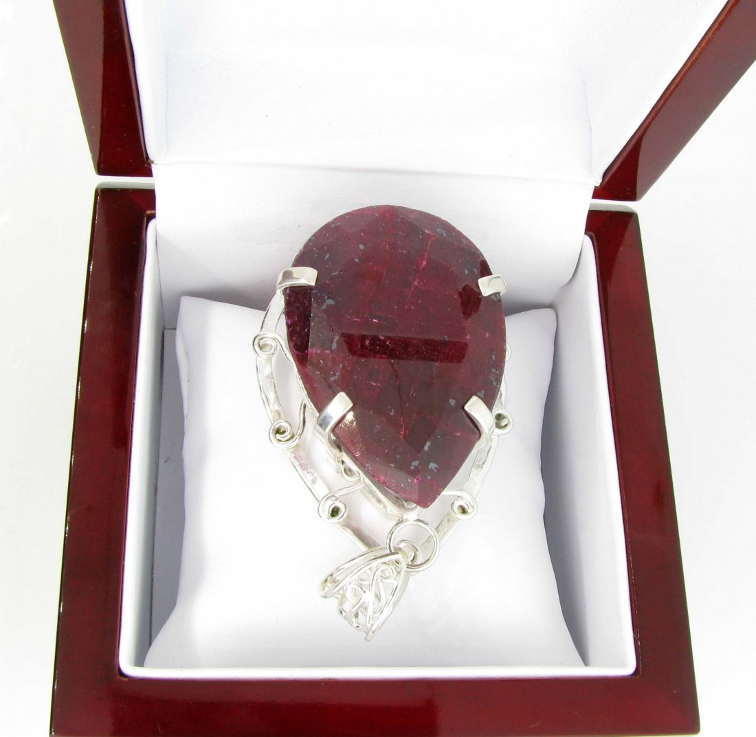 APP: 14k Sebastian 336CT Pear Cut Ruby & Silver Pendant: Designer Sebastian 336.28CT Pear Cut Ruby and