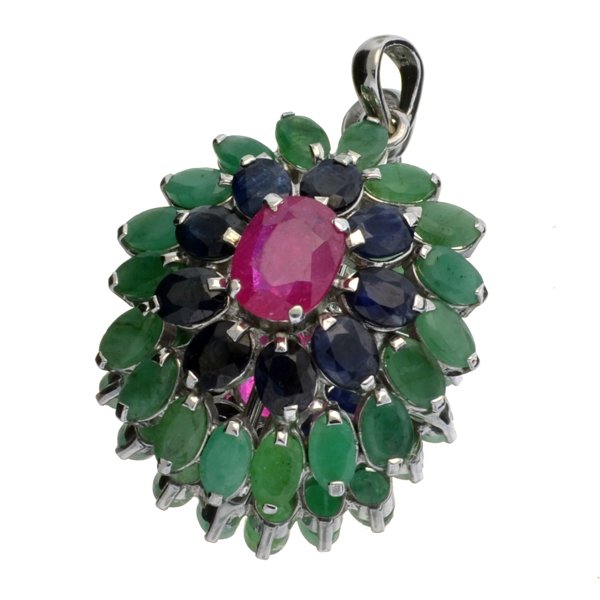 APP: 3k Ruby & Multi-Precious Gemstone Silver Pendant: 16.45CT Oval Cut Ruby and Multi