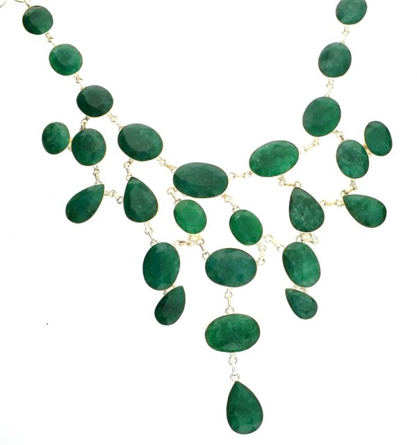 APP: 14k 194CT Mixed Cut Grn Beryl & Silver Necklace: 194.53CT Mixed Cut Green Beryl and Sterling Silver Neckla