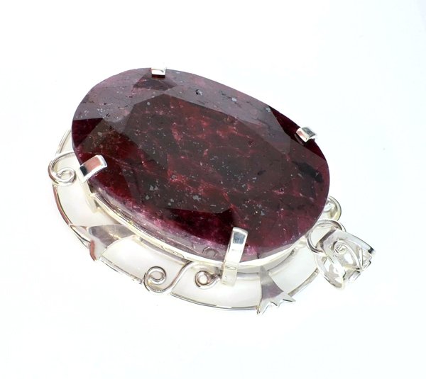APP: 14k Sebastian 343CT Oval Cut Ruby & Silver Pendant: Designer Sebastian 343.88CT Oval Cut Ruby and