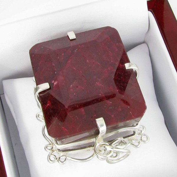 APP: 20k Sebastian 502CT Ruby & Silver Pendant: Designer Sebastian 502.77CT Emerald Cut Rub