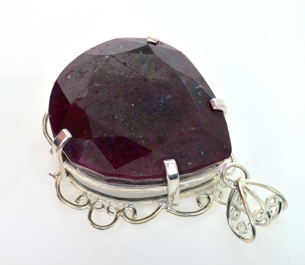 APP: 16k Sebastian 393CT Pear Cut Ruby & Silver Pendant: Designer Sebastian 393.98CT Pear Cut Ruby and
