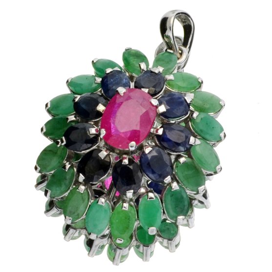 APP: 3k Ruby & Multi-Precious Gemstone Silver Pendant: 16.45CT Oval Cut Ruby and Multi