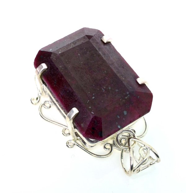 APP: 11k Sebastian 296CT Ruby & Silver Pendant: Designer Sebastian 296.53CT Emerald Cut Rub