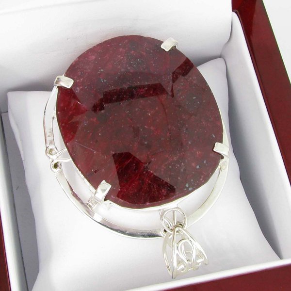 APP: 17k Sebastian 410CT Oval Cut Ruby & Silver Pendant: Designer Sebastian 410.49CT Oval Cut Ruby and