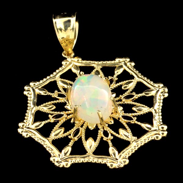 APP: 4k 14kt Gold, 4CT Cabochon Crystal Opal Pendant: 14 kt. Gold, 4.93CT Oval Cut Cabochon Crystal Opal Pendant