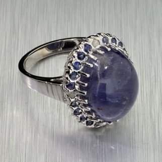 APP: 13k 14kt Wt Gold, 15CT Tanzanite & Diamond Ring: 14 kt. White Gold, 15.03CT Cabochon Cut Tanzanite and