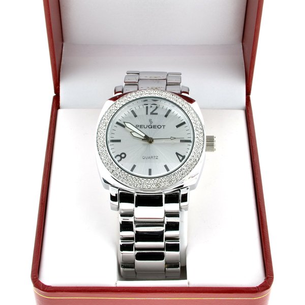 Men's Peugeot Quartz Stainless Diamond Watch On Case: Men's Peugeot Quartz Stainless Steel Diamond Watch On Case