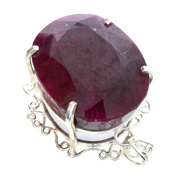 APP: 17k Sebastian 418CT Oval Cut Ruby & Silver Pendant: Designer Sebastian 418.19CT Oval Cut Ruby and