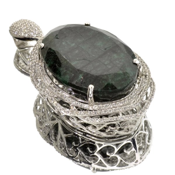 APP: 5k 94CT Grn Beryl & Sapphire Sterl Silver Pendant: 94.11CT Green Beryl and Sapphire Platinum Over S