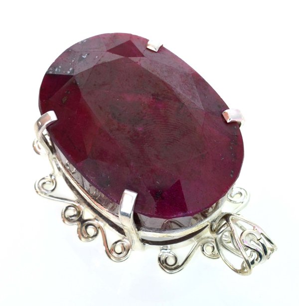 APP: 14k Sebastian 358CT Oval Cut Ruby & Silver Pendant: Designer Sebastian 358.36CT Oval Cut Ruby and