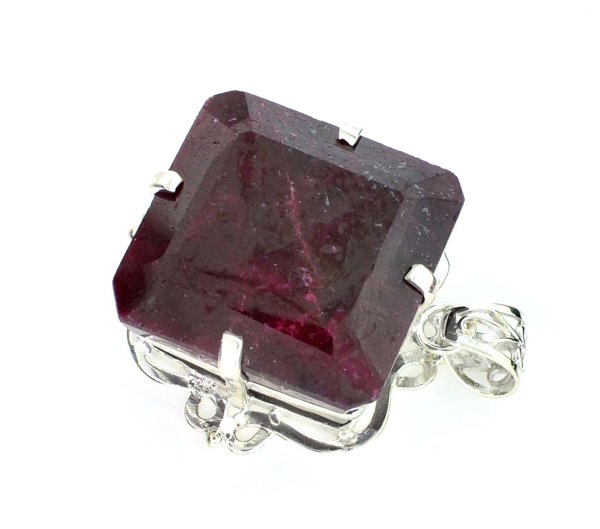 APP: 8k Sebastian 201CT Square Ruby & Silver Pendant: Designer Sebastian 201.57CT Square Cut Ruby a