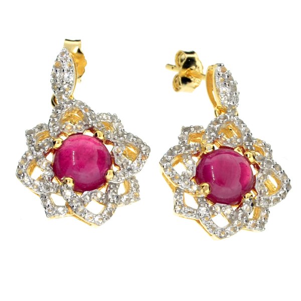 APP: 6k Ruby & Sapphire Yellow/Wt 14kt Silver Earrings: 3.63CT Round Cut Ruby and Sapphir