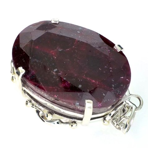 APP: 12k Sebastian 284CT Oval Cut Ruby & Silver Pendant: Designer Sebastian 284.99CT Oval Cut Ruby and