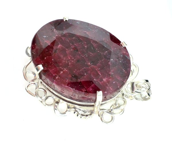 APP: 18k Sebastian 421CT Oval Cut Ruby & Silver Pendant: Designer Sebastian 421.40CT Oval Cut Ruby and