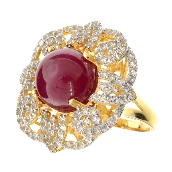 APP: 11k 14CT Ruby & Sapphire Yl/Wt 14kt Silver Ring: 14.98CT Round Cut Ruby and Sapphire Yel