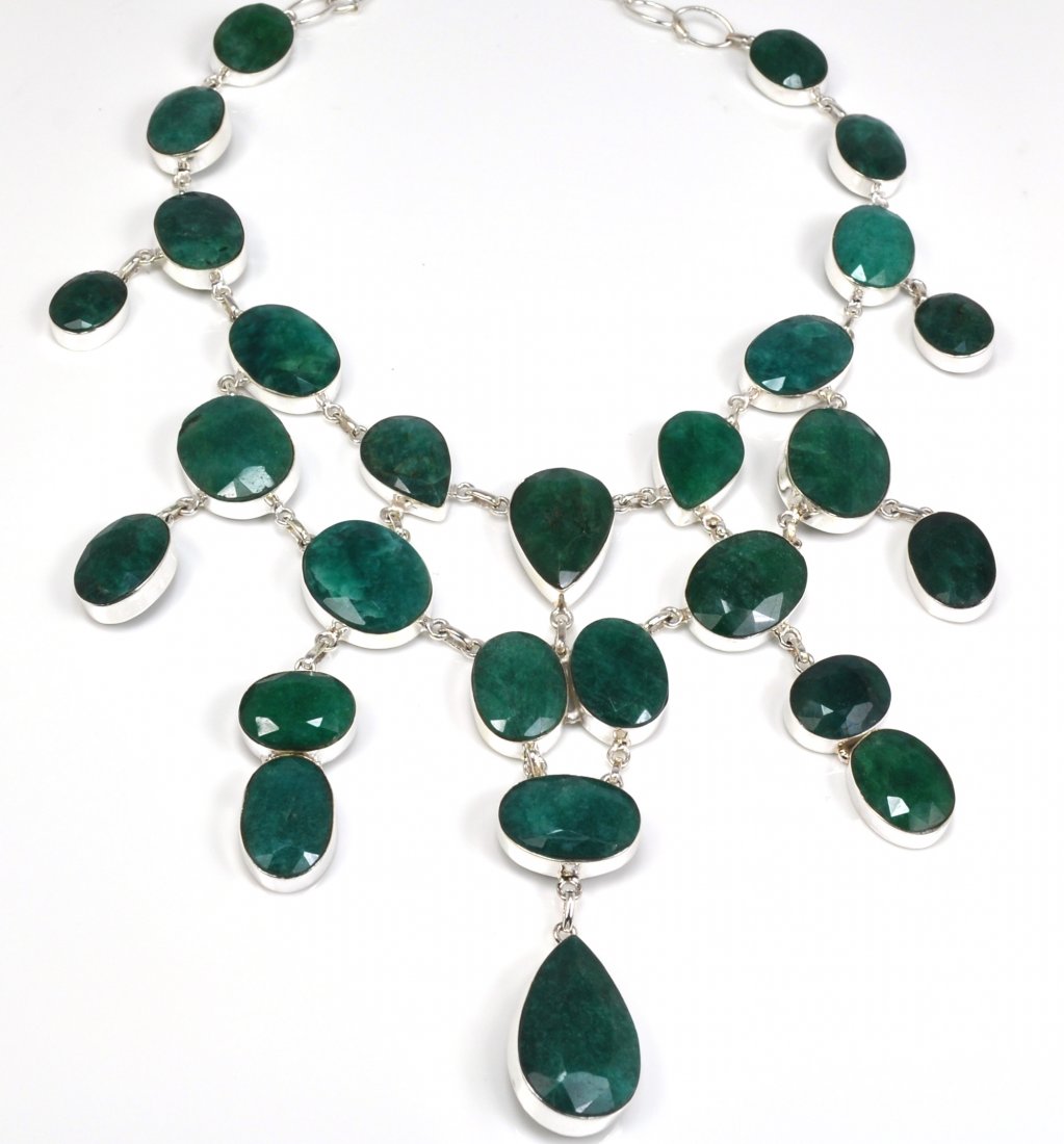 APP: 26k 383CT Mixed Cut Grn Beryl & Silver Necklace: 383.83CT Mixed Cut Green Beryl and Sterling Silver Neckla