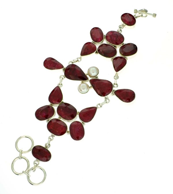 APP: 9k 104CT Ruby & Blister Pearl Silver Bracelet: 104.96CT Ruby and Blister Pearl Sterling Silver Bracelet