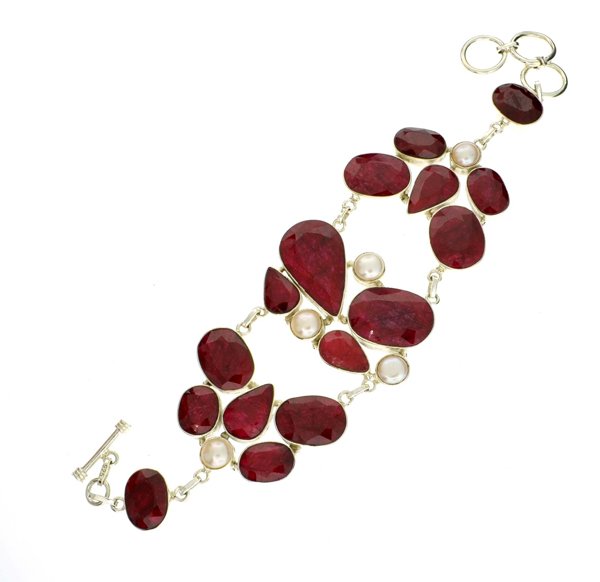 APP: 14k 176CT Ruby & Blister Pearl Silver Bracelet: 176.95CT Ruby and Blister Pearl Sterling Silver Bracelet