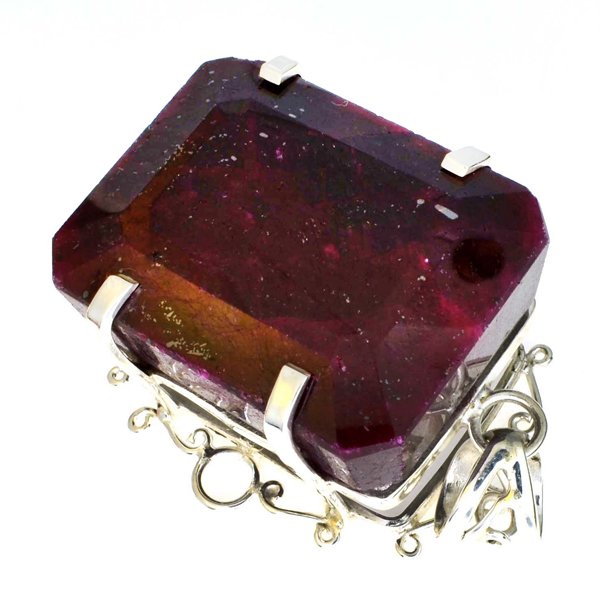 APP: 18k Sebastian 426CT Ruby & Silver Pendant: Designer Sebastian 426.68CT Emerald Cut Rub