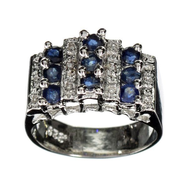 APP: 2k 1CT Round Cut Sapphire & Diamond Silver Ring: 1.00CT Round Cut Blue Sapphire And Diamond P