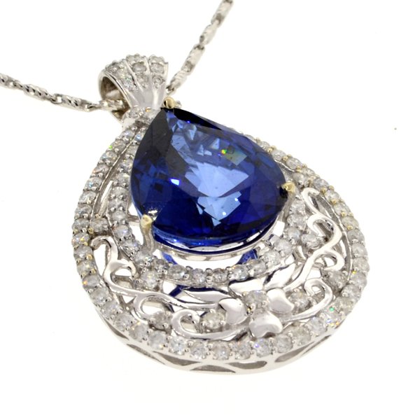 *14kt Wt Gold, Pear Sapphire & Diamond Pendant w/Chain: *14 kt. White Gold, Pear Mixed Cut Sapphire And