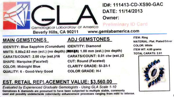 APP: 3k 2CT Sapphire & Diamond Sterl Silver Ring: 2.00CT Blue Sapphire And Diamond Platinum Over Sterlin
