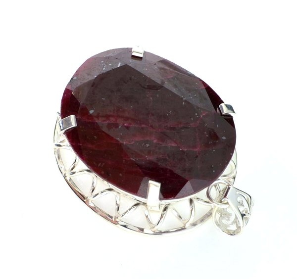 APP: 11k Sebastian 252CT Oval Cut Ruby & Silver Pendant: Designer Sebastian 252.77CT Oval Cut Ruby and