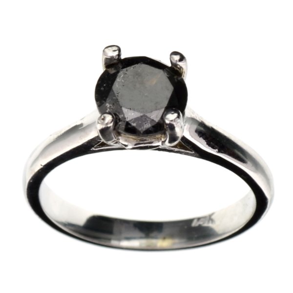 APP: 2k 14kt White Gold, 1CT Round Black Diamond Ring: 14 kt. White Gold, 1.23CT Round Cut Rare Black Diamond Ring