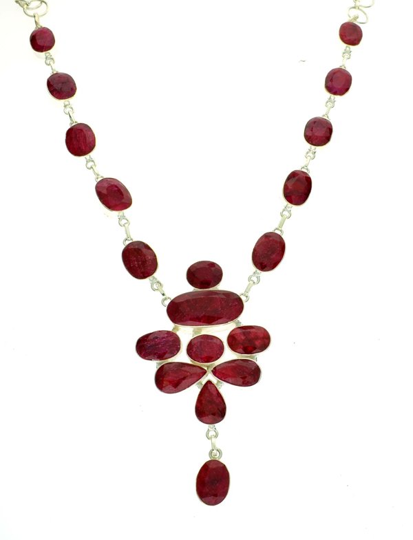 APP: 11k 222CT Mixed Cut Ruby & Sterl Silver Necklace: 222.58CT Mixed Cut Ruby and Sterling Silver Necklace Retail