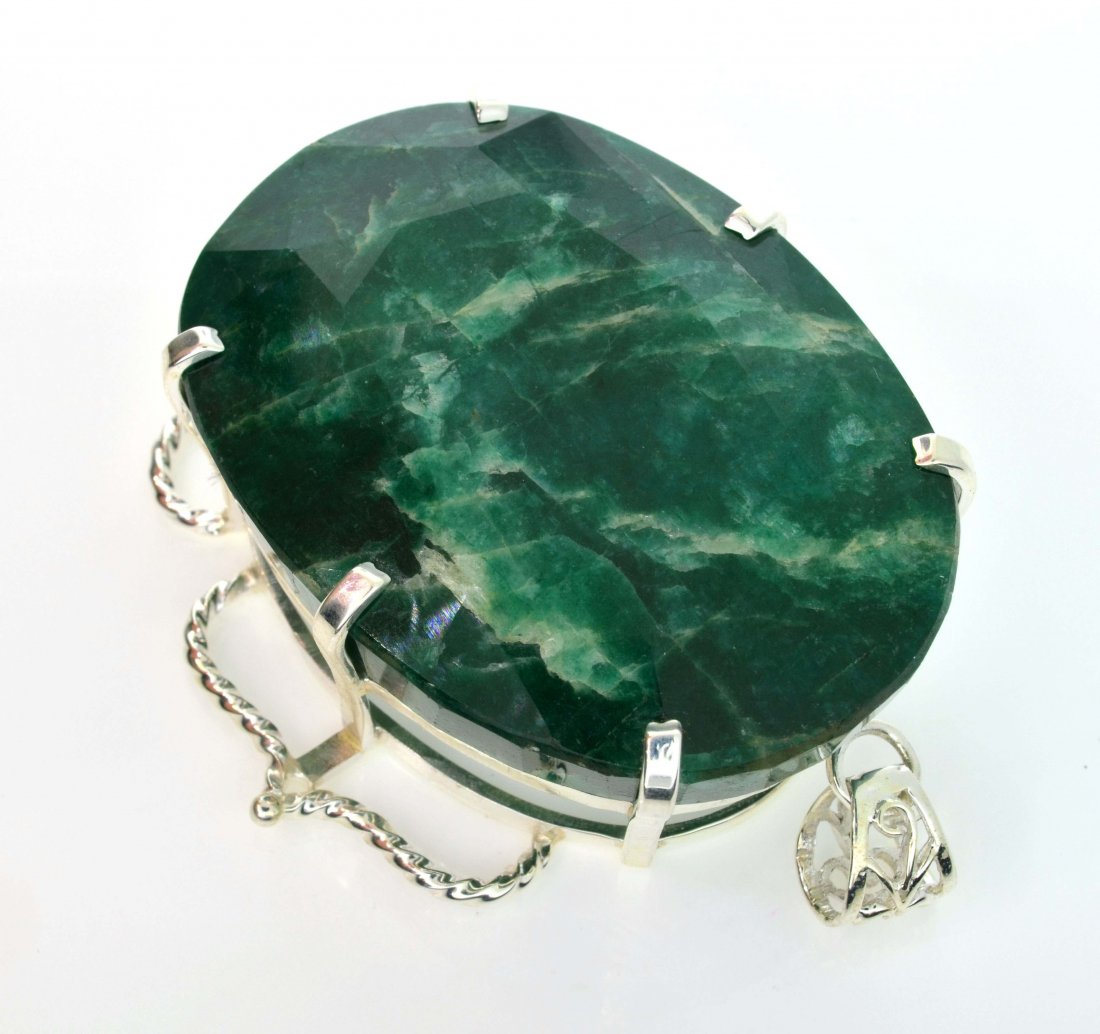 APP: 13k Sebastian 411CT Grn Beryl & Silver Pendant: Designer Sebastian 411.29CT Oval Cut Gr