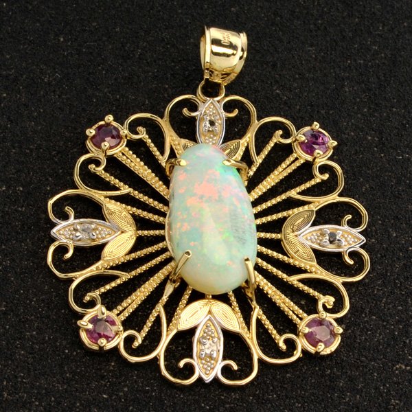 APP: 5k 14kt Yellow/Wt Gold, 5CT Opal & Ruby Pendant: 14 kt. Yellow and White Gold, 5.04CT Crystal Opal an