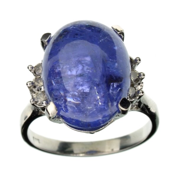 APP: 7k 14kt White Gold, 10CT Tanzanite & Diamond Ring: 14 kt. White Gold, 10.20CT Oval Cut Cabochon Tanza