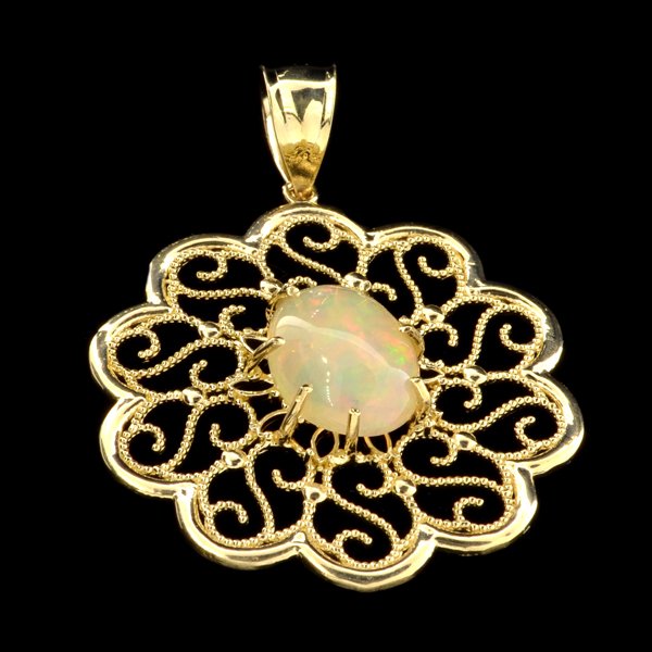 APP: 4k 14kt Gold, 4CT Cabochon Crystal Opal Pendant: 14 kt. Gold, 4.06CT Oval Cut Cabochon Crystal Opal Pendant