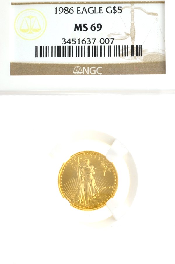1/10 oz. Fine Gold 1986 $5 Eagle NGC MS 69 Coin: 1/10 oz.Fine Gold 1986 $5 Eagle NGC MS 69 Coin Item Profile: GOV FILE