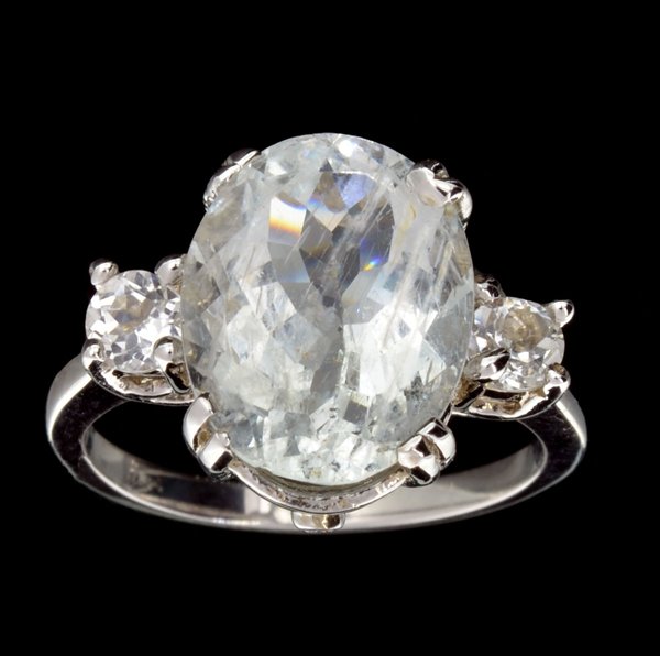 APP: 3k 14kt Gold, 5CT Aquamarine & Sapphire Ring: 14 kt. White Gold, 5.46CT Oval Cut Natural A