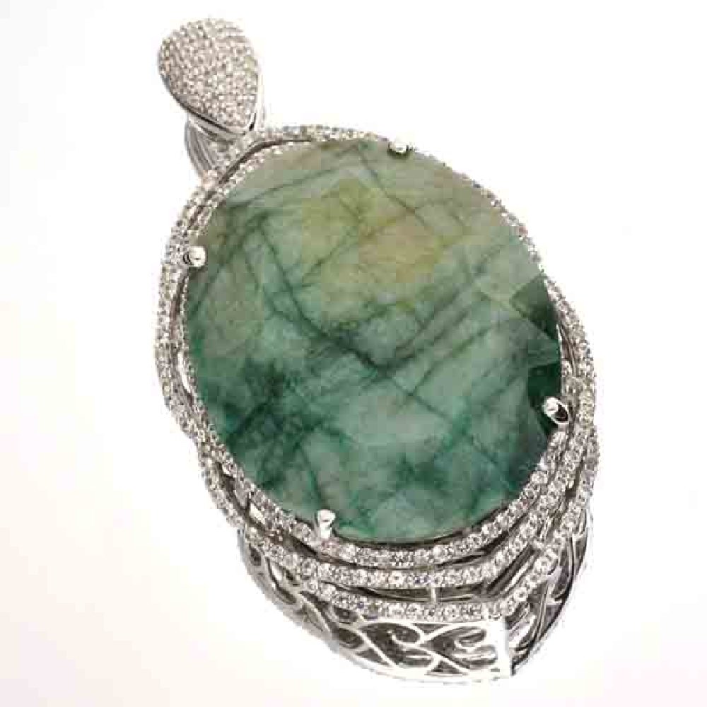 APP: 5k 106CT Grn Beryl & Sapphire Silver Pendant: 106.97CT Green Beryl and Sapphire Platinum Over